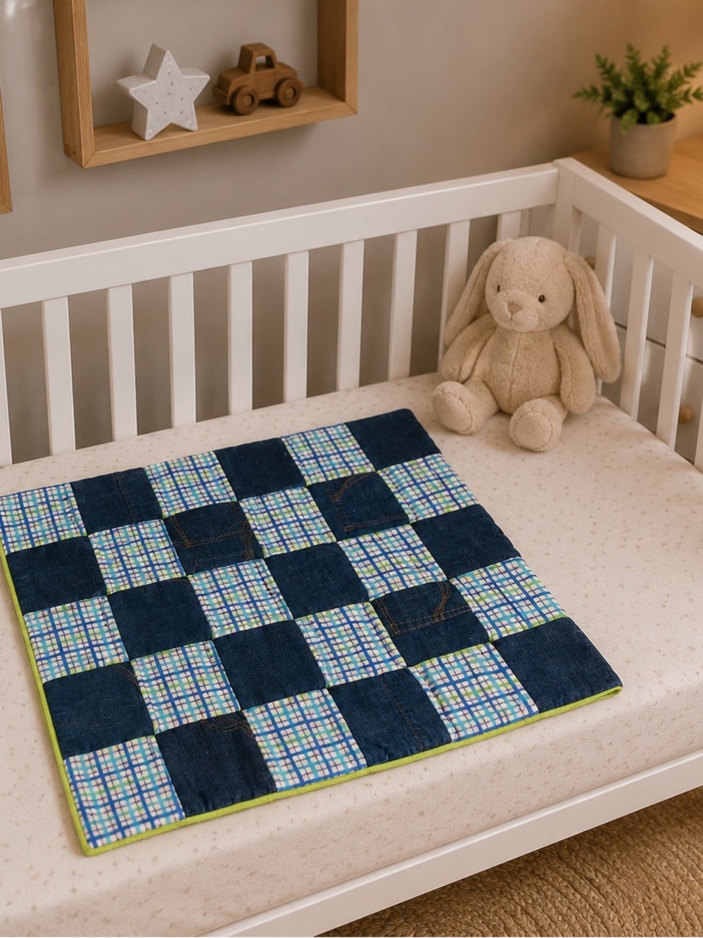 Handmade Denim Patchwork Baby Blanket Crib Blanket Blue Green Plaid